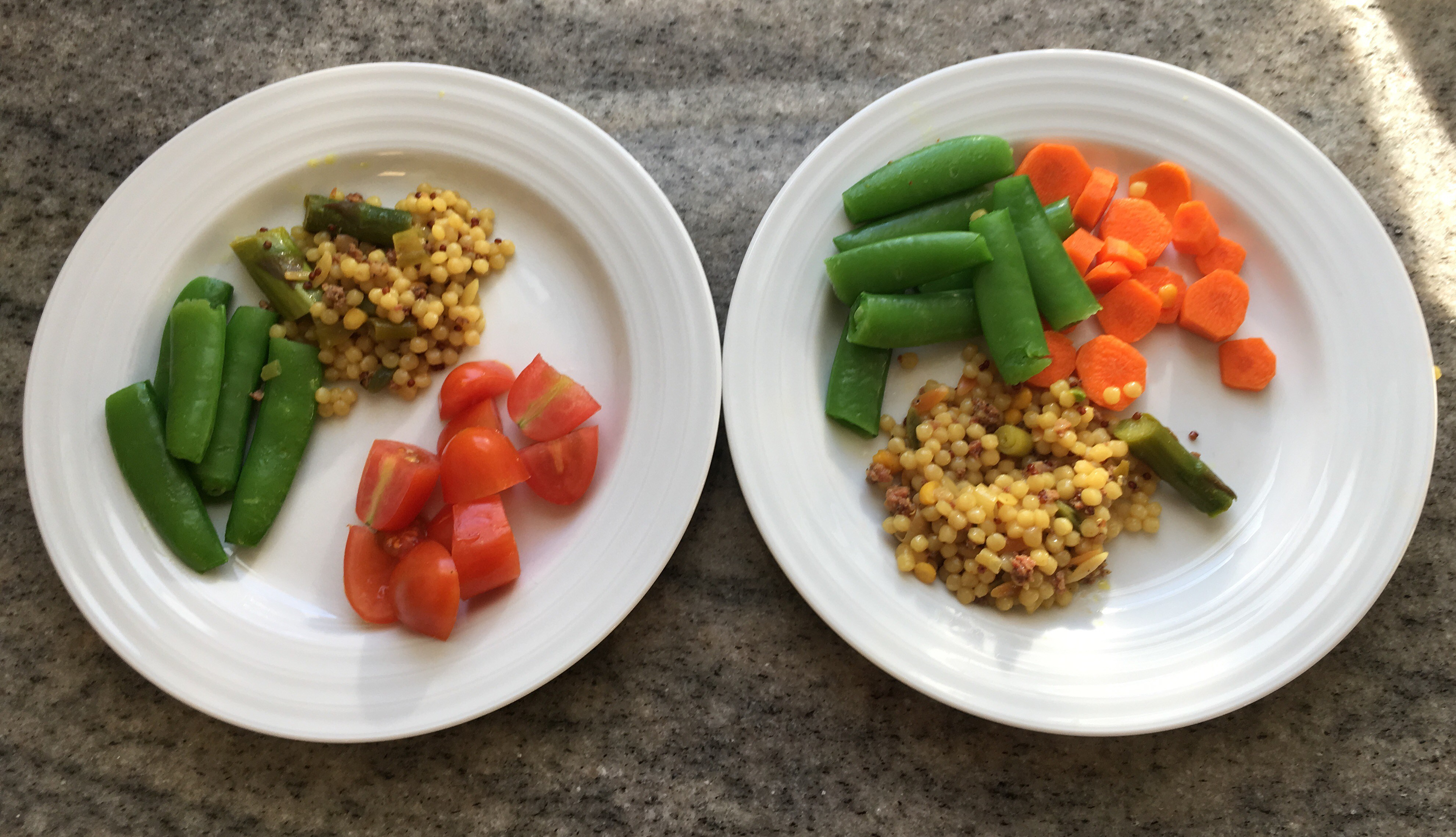 Kiddie versions of the sausage, cous cous, asparagus & snap pea dish.