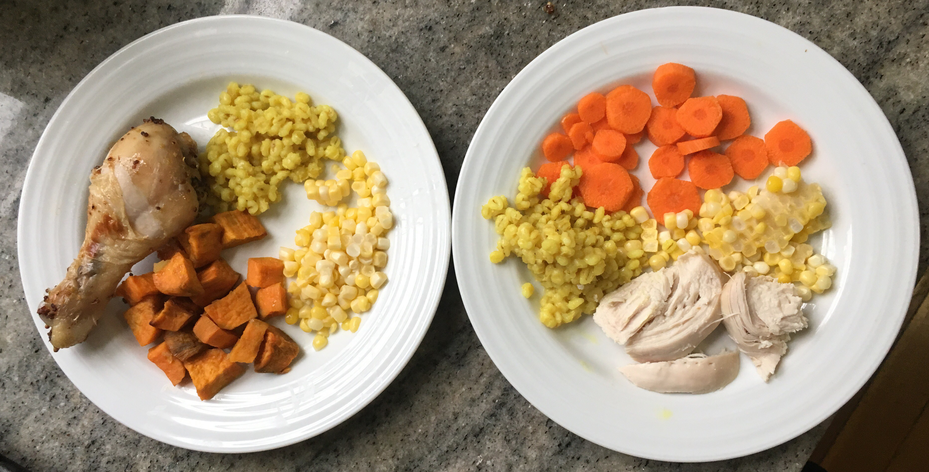 Kids plates Honey mustard roast chicken, served with barley, corn & sweet potato or carrots on the side