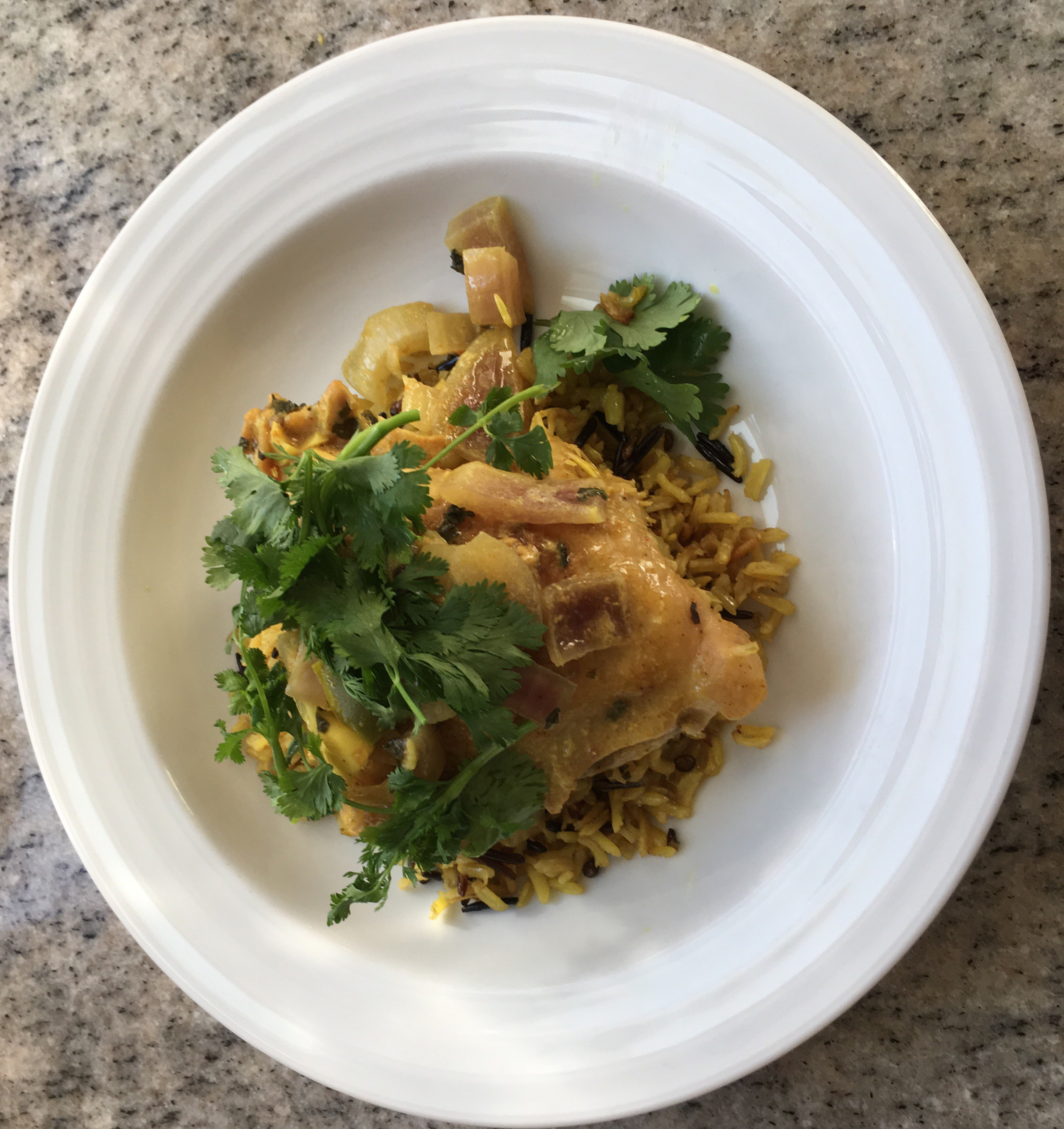Slow cooker coconut curry chicken over basmati & wild rice with lentils