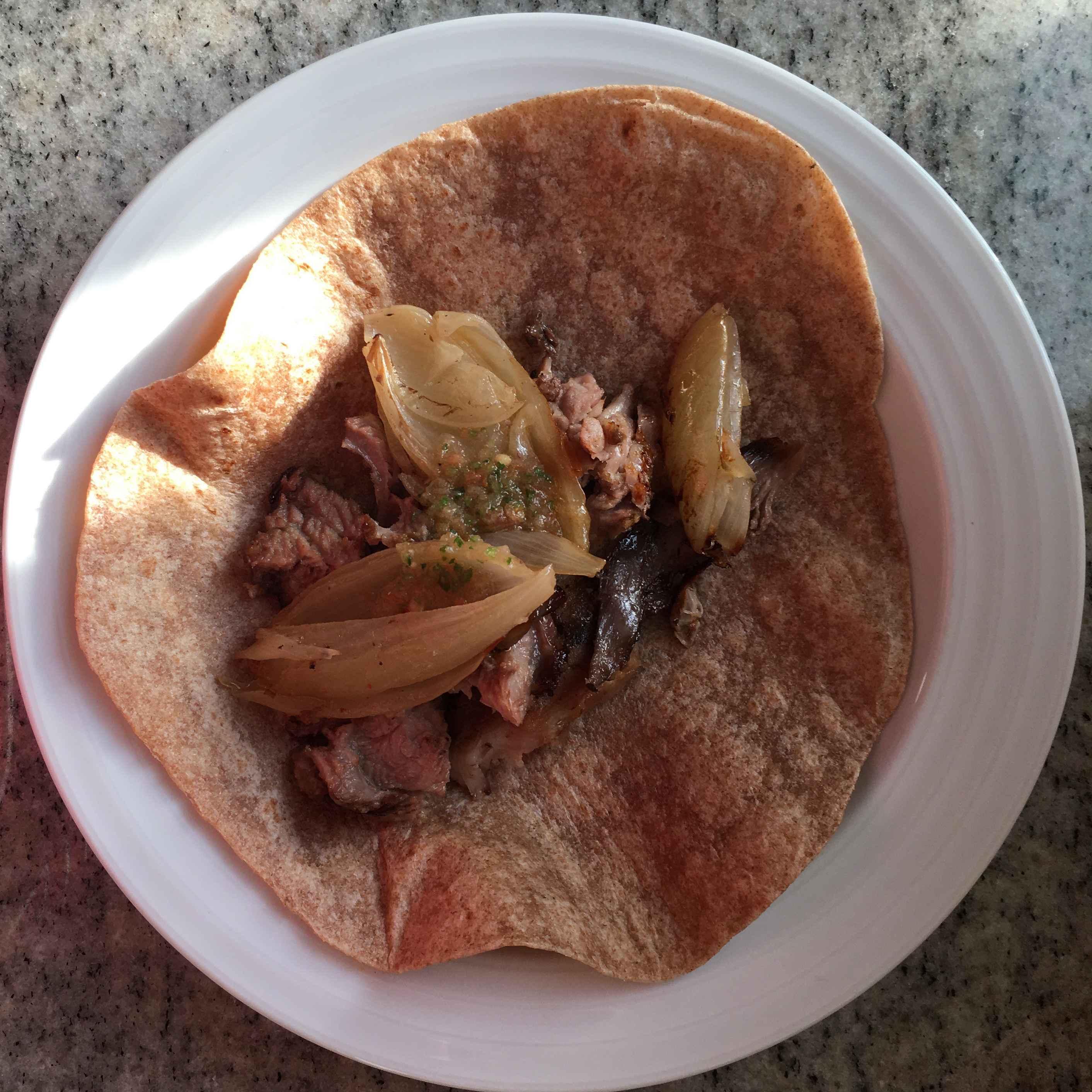 Pork burritos with slow cooked onions & fresh blender salsa