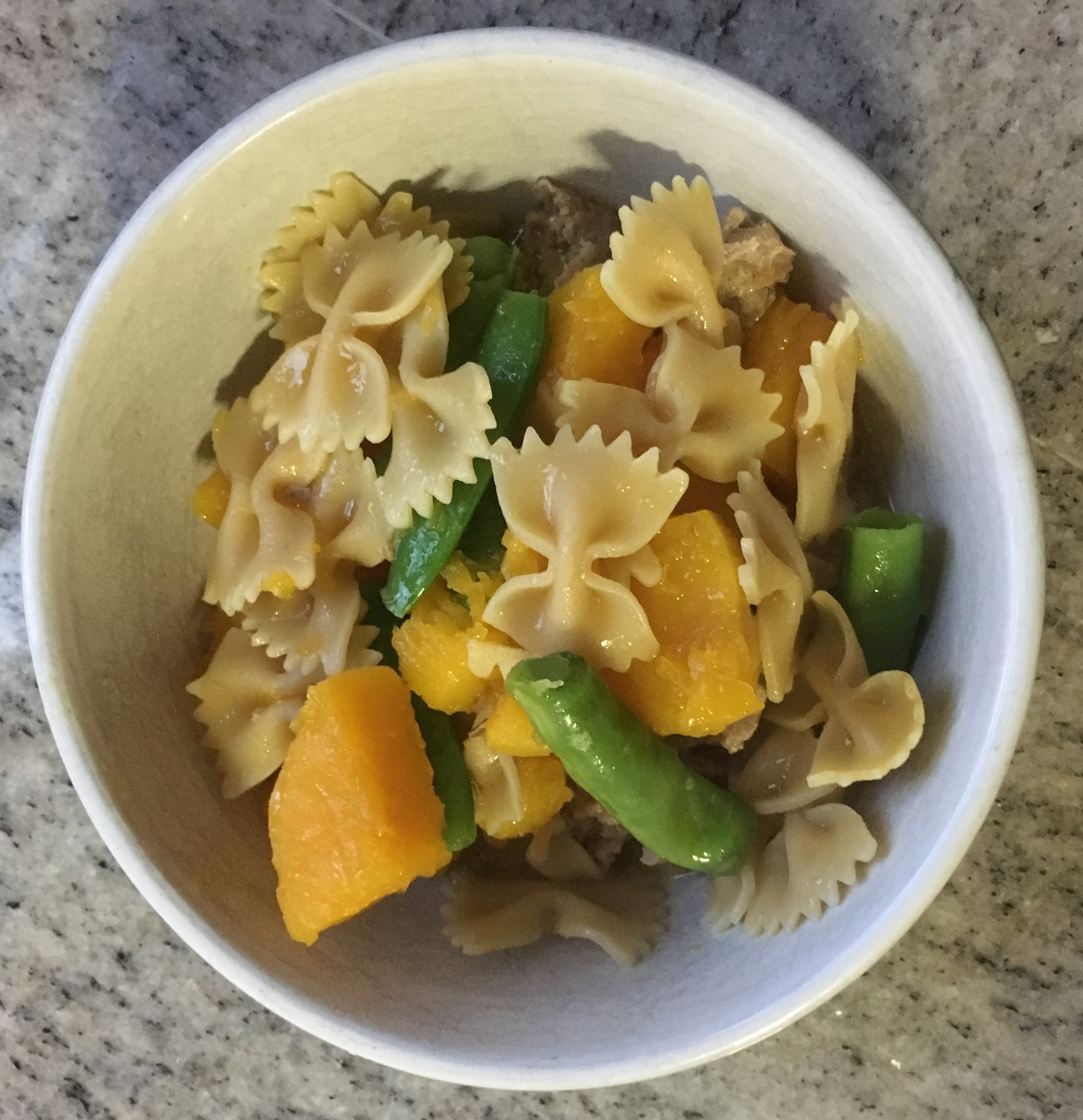 Simple weeknight pasta, butternut squash, pea & sausage 'soup'
