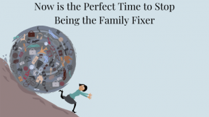 Image of woman running a way from a large ball of her responsibilities (images of work and home chasing her). Now is the Perfect Time to Stop Being the Family Fixer