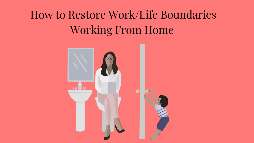 Image of woman working with her laptop in the bathroom next to the sink with her child trying to open the door.