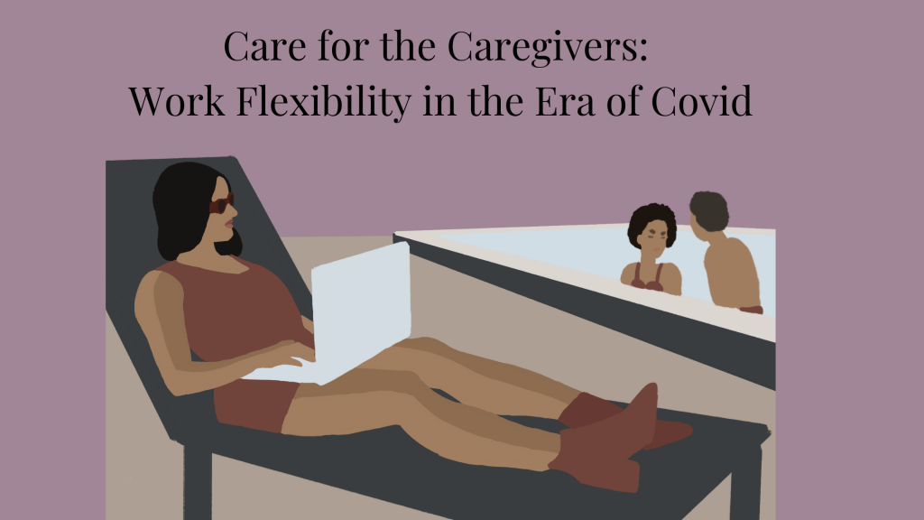 Mother working on a lounge chair next to a pool where her kids are playing.