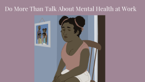 Image of sad Black woman sitting on a chair outside of a child's bedroom. Near a family picture on the wall.