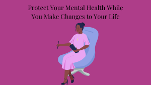A Black female mental health pro is sitting on a chair.