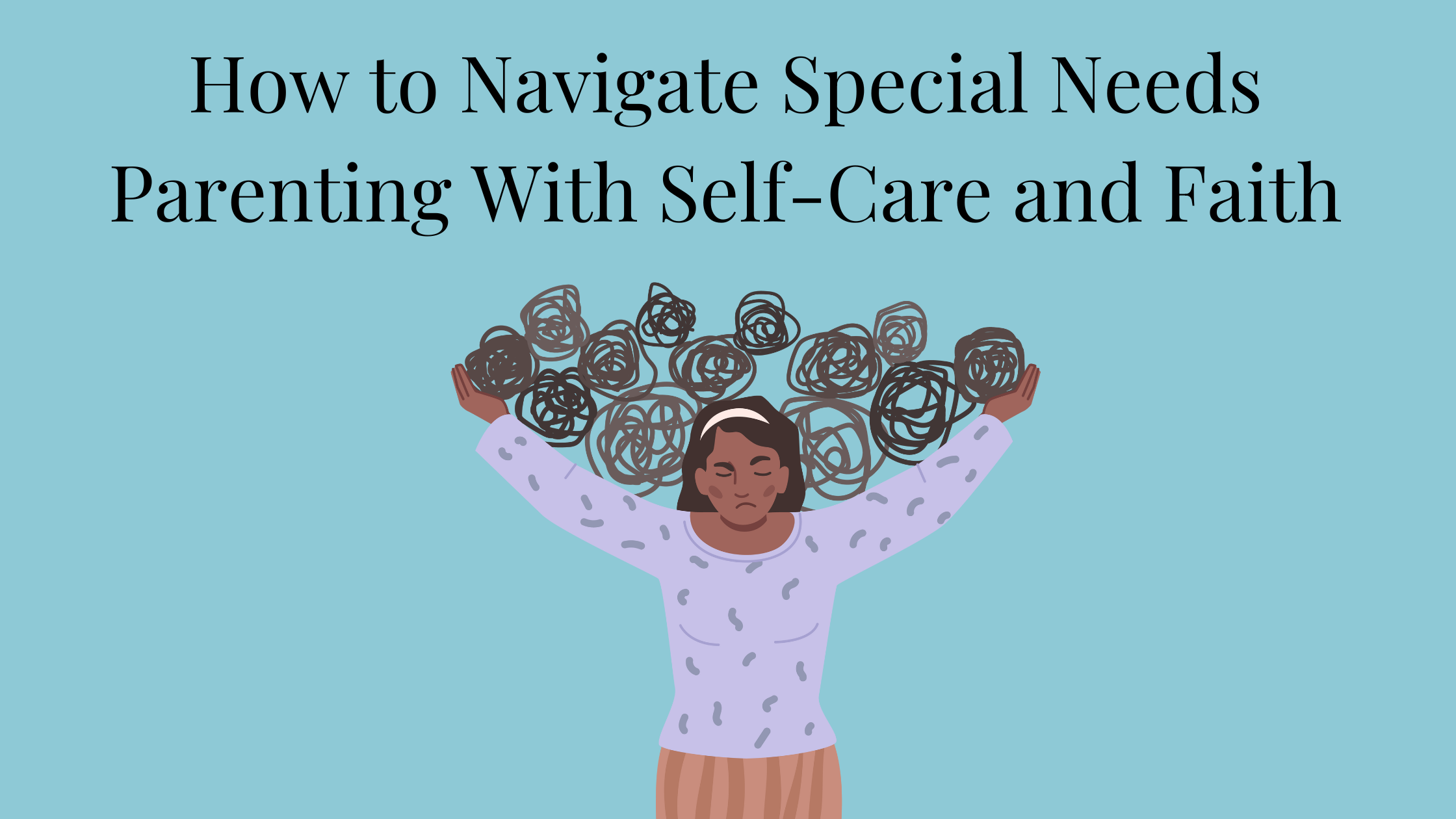 Image of a stressed woman holding tangled balls of yarn above he head in her outstretched arms