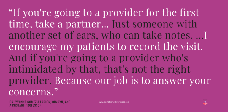 Image of a quote from Dr. Yvonne Gomez during a Women's health event