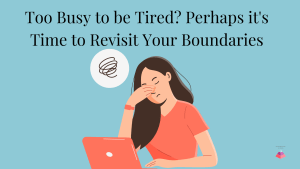 Image of a woman who is rubbing her eyes and tired sitting in front of her computer with a thought bubble showing that she is in a downward spiral