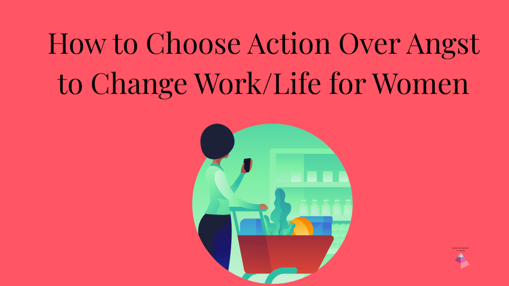 Image of a woman pushing a grocery cart at the store and viewing her shopping list from her phone.